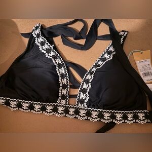 Black Bikini Top with White Floral Trim